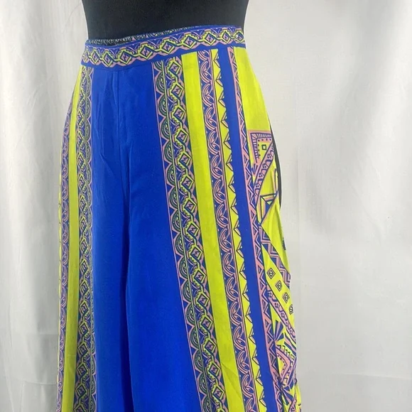 Royal Blue, Neon yellow multi colored, boho, wide leg high rise pants, Small - Picture 4 of 5